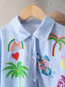SHEIN Áo sơ mi dài tay cổ đứng in hình nhân vật hoạt hình và chữ cái dành cho bé gái, thích hợp cho đi chơi, đi học và đi làm. - Màu xanh lam - Xem 3