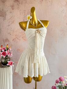 Elamini 女士春夏休闲时尚日常百搭派对纹理面料金属海星吊带蝴蝶结迷你连衣裙，杏色 - 米色 - 查看 4