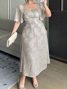 Dazy Plus Textured Fabric Square Collar Ruffle Sleeve Waist Cinched Elegant Long Dress, Spring/Summer Sundress - Grey - View 1