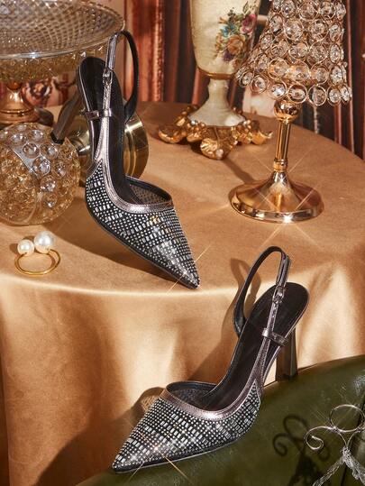 CUCCOO TILAWA Women's Pointed Toe High Heel Shoes, Rhinestone Decor Mesh Material, Fashion Comfortable Daily Party Wear Slip-On Backless Pumps