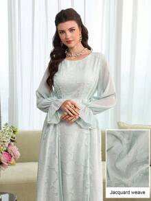 Yasmyna Đầm xòe cổ tròn bằng vải chiffon jacquard phối nhiều mảnh, thắt eo, thanh lịch và tươi tắn. - màu xanh lá - Xem 3