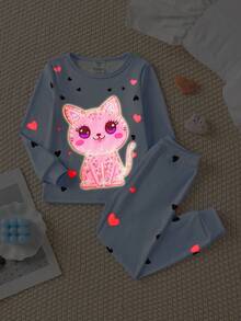 2pcs Girls Cute Cat & Heart Glow-In-The-Dark Print Snug Fit Pajama Set, Long Sleeve Top And Pants - Multicolor - View 6