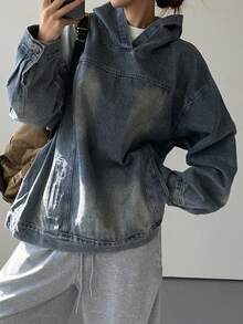 DAZY Women's Hooded Loose Long Sleeve Casual Denim Top - Medium Wash - View 6
