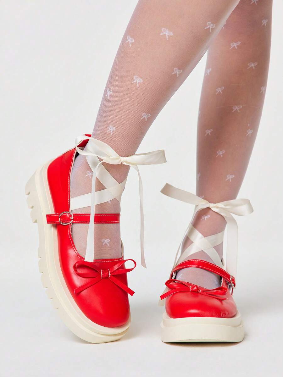 Kawaii Bailarinas con decoración de lazo y encaje de estilo dulce y elegante para mujer - Rojo - Ver 1