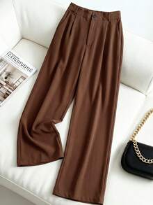 GlowEve CURVE Plus Size Women's Solid Color Pocket Pleated Casual Pants Elastic Waist Pants Loose Pants Pleated Pants Brown Pants High Waist Pants Wide Leg Pants Brown Bottoms Brown Wide Leg Pants - Coffee Brown - View 1