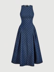 Sweetra Đầm denim xòe xếp ly khoét lỗ thời trang thanh lịch dành cho nữ, kiểu dáng thường ngày, chất liệu denim bạc màu. - Rửa trung bình - Xem 1