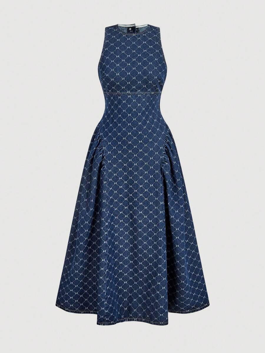 Sweetra Đầm denim xòe xếp ly khoét lỗ thời trang thanh lịch dành cho nữ, kiểu dáng thường ngày, chất liệu denim bạc màu. - Rửa trung bình - Xem 1