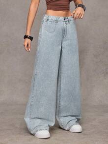 Jeanoix 女士Y2K时尚休闲条纹宽松阔腿牛仔裤 - 淺色水洗藍 - 查看 5