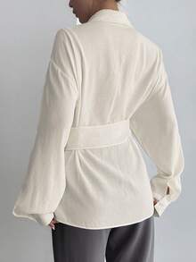 DAZY 女式半开襟侧系带套头衫休闲优雅衬衫长袖上衣 - 白色 - 查看 3