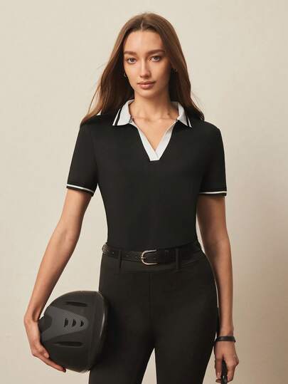 With My Calm 女士撞色滚边短袖运动Polo衫，夏季时尚