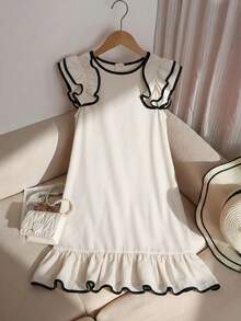 SHEIN Tween Girls' Summer Elegant Color Block Ruffle Hem Dress - Apricot - View 4