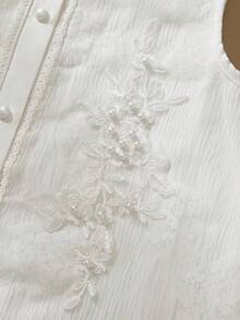 SHEIN 适合少女的无袖3D立体提花花卉衬衫，休闲优雅的夏季上衣，白色女童衬衫，儿童衬衫，春季女童无袖白色衬衫，儿童白色衬衫，优雅女童衬衫，夏季女式衬衫，夏季女式衬衫，儿童衬衫 - 白色 - 查看 4