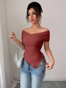 Rafferiza 女士休闲通勤露肩短袖T恤，夏季 - 酒紅色 - 查看 6