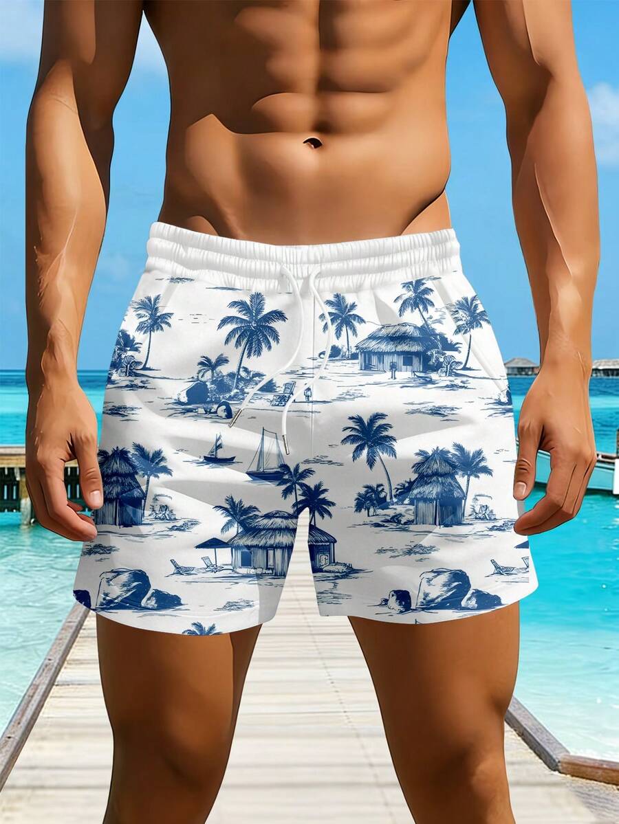 Manfinity Dauomo Pantalones cortos casuales de verano para hombres con estampado total, cintura con cordón - Multicolor - Ver 1