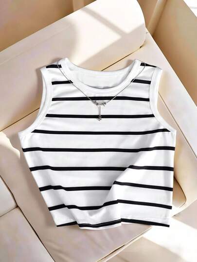 Blusa casual y versátil de cuello redondo a rayas para niñas preadolescentes