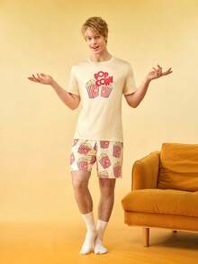 Notgurli Men's Funny Popcorn Print Loose Comfortable Short Sleeve Shorts Pajama Set - Multicolor - View 3