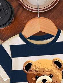 Baby Boy Fashionable & Comfortable Casual Crew Neck Short Sleeve T-Shirt Set, Featuring Cute Bear & Striped Prints, Loose Fit Crew Neck Tee, Suitable For Spring/Summer Wear, Casual Streetwear, Outdoor Picnic, School, Events, Gifts - Multicolor - View 3