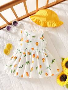 SHEIN Vestido de niña recién nacida con cuello redondo, volantes, estampado de cerezas de dibujos animados, sin mangas, con lazo rojo y sombrero rojo, 100% algodón con estampado de limón y lazo, lindo y dulce, adecuado para vacaciones, fiestas y juegos, 1M-12M - Amarillo - Ver 3