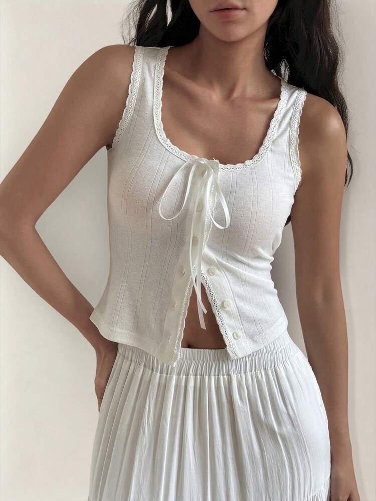 Women's Summer Square Neck Textured Fabric Lace Patchwork Bow Tie Casual Open Front Camisole