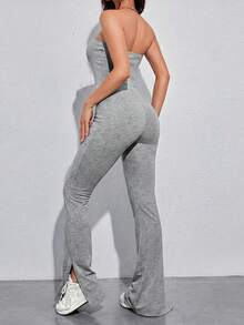 SHEIN EZwear 夏季黑色开衩下摆修身喇叭连体裤 - 灰色 - 查看 2