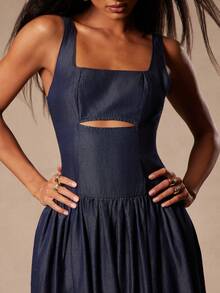 NYA SZN Elegant Navy Blue Denim Midi Dress For Women,Sleeveless Straps Cut Out Bubble Hem Sundress,Chambray Outfits For Autumn Dinner Date, Beach Party - Dark Wash - View 4