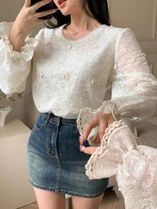DAZY Women's Elegant Lace Loose Long Sleeve Blouse, Suitable For Spring, Summer And Autumn - Apricot - View 6