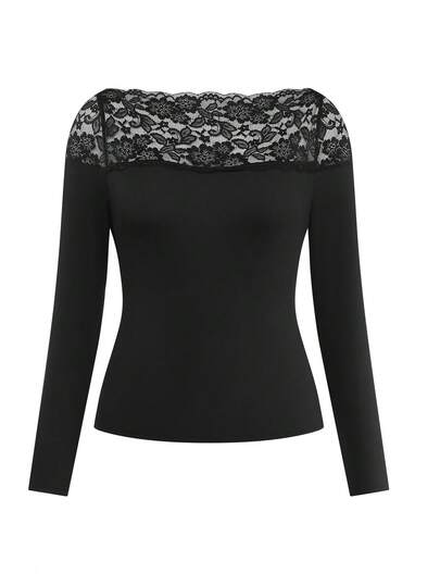 Modelyn Elegant Casual Lace Patchwork Off-Shoulder Fitted Textured Plus Size Women T-Shirt, Spring/Summer