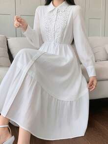 DAZY Robe chemise blanche à empiècement en dentelle, style mode décontractée et bureau, pour le printemps et l'été. Robe longue et ample, robe d'été pour femmes - Blanc - Voir 6