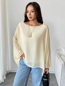 INAWLY Women's Semi-Sheer Vacation & Office Wear Asymmetrical Shoulder Blouse - Apricot - View 4