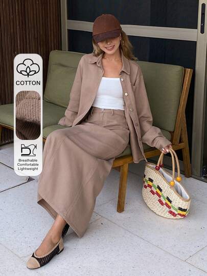 DAZY 女士宽松牛仔衬衫，带领子和口袋；搭配宽松直筒长款牛仔裙，后开衩，休闲水洗牛仔套装