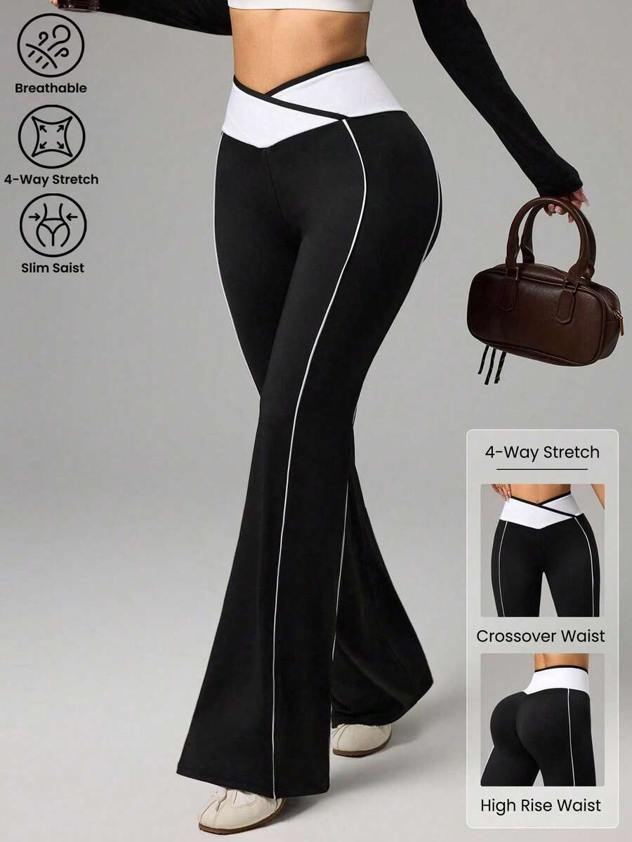 Dewbera Pantalones deportivos casuales diarios de mujer con cintura de contraste - Blanco y Negro - Ver 1