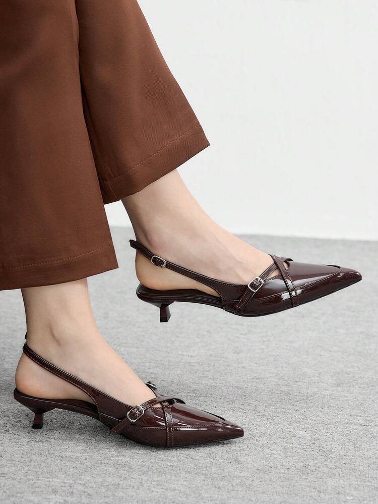 CUCCOO BIZCHIC Women's Pointed Toe Brown Patent Leather Criss-Cross Strap Decor Fashionable Versatile Daily Commute High Heel Pumps Spring Shoes