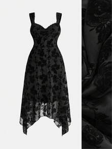 ROMWE Goth Vintage Romantic Spring Date Cinched Waist Asymmetrical Hem Mid-Length Plus Size Dress - Black - View 1