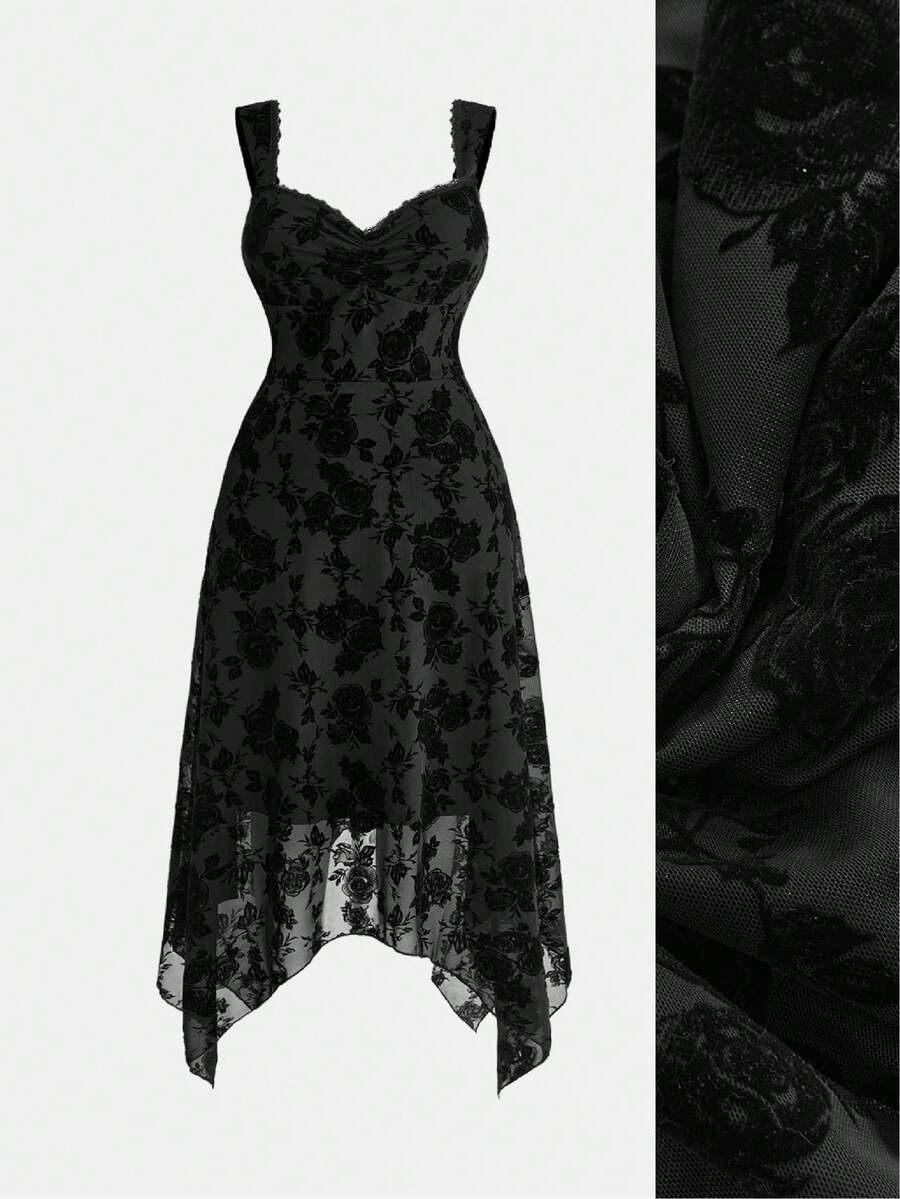 ROMWE Goth Vintage Romantic Spring Date Cinched Waist Asymmetrical Hem Mid-Length Plus Size Dress - Black - View 1