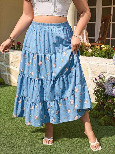 Breezaya Plus Size Women's Spring/Summer Floral Print Elastic Waist Denim Mini Skirt