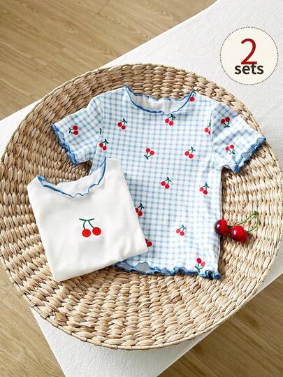 Playful Pals 2pcs Baby Girls' Casual Cute White & Plaid Cherry Print Tops, Suitable For Spring/Summer Vacation, Outing, Farm, Picnic, Home, Back To School