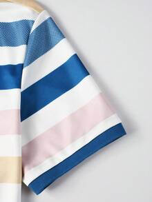 Manfinity Homme 男士条纹印花翻领 Polo 衫，适合居家、外出、聚会和度假穿着 - 藍色 - 查看 4