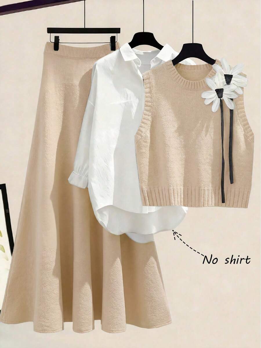 Franclia Bộ đồ len 2 mảnh mùa Thu/Đông mới, gồm áo vest dệt kim không tay cổ tròn dáng rộng họa tiết hoa, kết hợp với chân váy midi dệt kim chữ A màu xám họa tiết hoa dành cho nữ. - Màu be - Xem 1