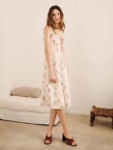 lacRébo Floral Print Satin Midi Dress With Contrast Green Lace Trim Spring Summer Vintage Vacation French Style Parisian Style - White - View 6