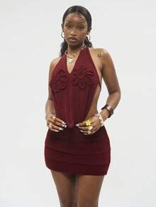 女士夏季度假钩针花卉吊带上衣和紧身迷你裙两件套 - 酒紅色 - 查看 6