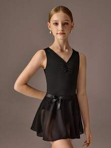 Tween Girls Ballet Leotard & Skirt Set, Sleeveless High Stretch Leotard With Pleated Bust Design Paired With Lightweight Chiffon Skirt - Black - View 3
