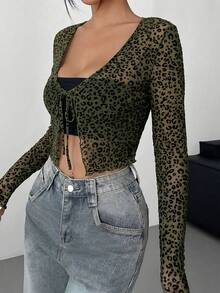 SHEIN EZwear Women's Lightweight Knit Mesh Leopard Print Cardigan, Spring/Summer - Army Green - View 6