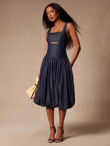 NYA SZN Elegant Navy Blue Denim Midi Dress For Women,Sleeveless Straps Cut Out Bubble Hem Sundress,Chambray Outfits For Autumn Dinner Date, Beach Party - Dark Wash - View 1