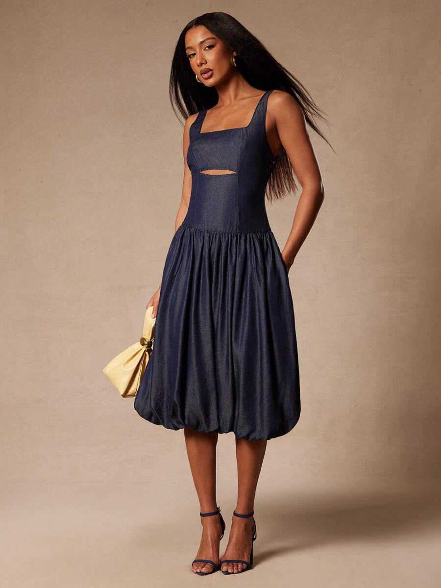 NYA SZN Elegant Navy Blue Denim Midi Dress For Women,Sleeveless Straps Cut Out Bubble Hem Sundress,Chambray Outfits For Autumn Dinner Date, Beach Party - Dark Wash - View 1