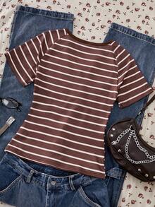 Áo thun ngắn tay cổ chữ V phối màu kẻ sọc dành cho nữ tuổi teen, thích hợp mặc hàng ngày đi làm, mùa hè. - màu nâu - Xem 2