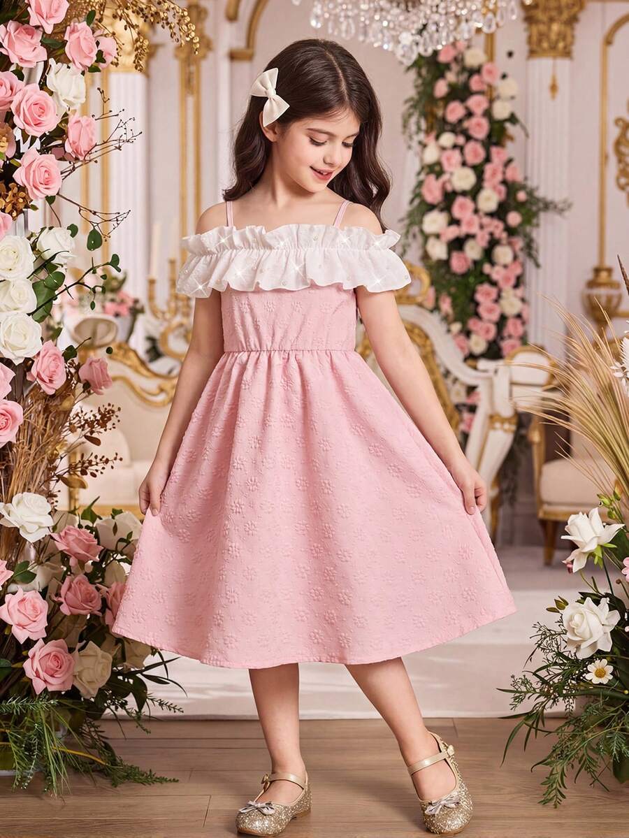 SHEIN Elladie kids 1pc Tween Girl Casual Chiffon Off-Shoulder Ruffle Beaded Design Adjustable Dress, Simple Elegant Princess Dress For Outings And Vacation, Pink - Pink - View 1