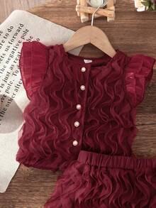 SHEIN Elladie kids 花园女孩韩版夏季新款时尚套装，3D立体花卉短袖法式上衣+半裙，可爱甜美女孩两件套 - 酒紅色 - 查看 3