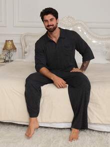 DAZY 浅灰色短袖衬衫和长裤男士家居服套装，春夏款 - 淺灰色 - 查看 6