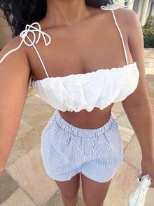 Alexandranx Women Solid Color Pleated Strap Casual Daily Wear Spring Summer Tank Top - White - View 4