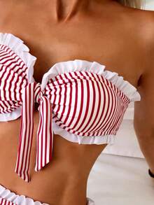 Swim Basics Spring/Summer Beach Vacation Striped Print 2 Pieces Set, Ruched Neckline, Ruffled Hem Pants - Red - View 5